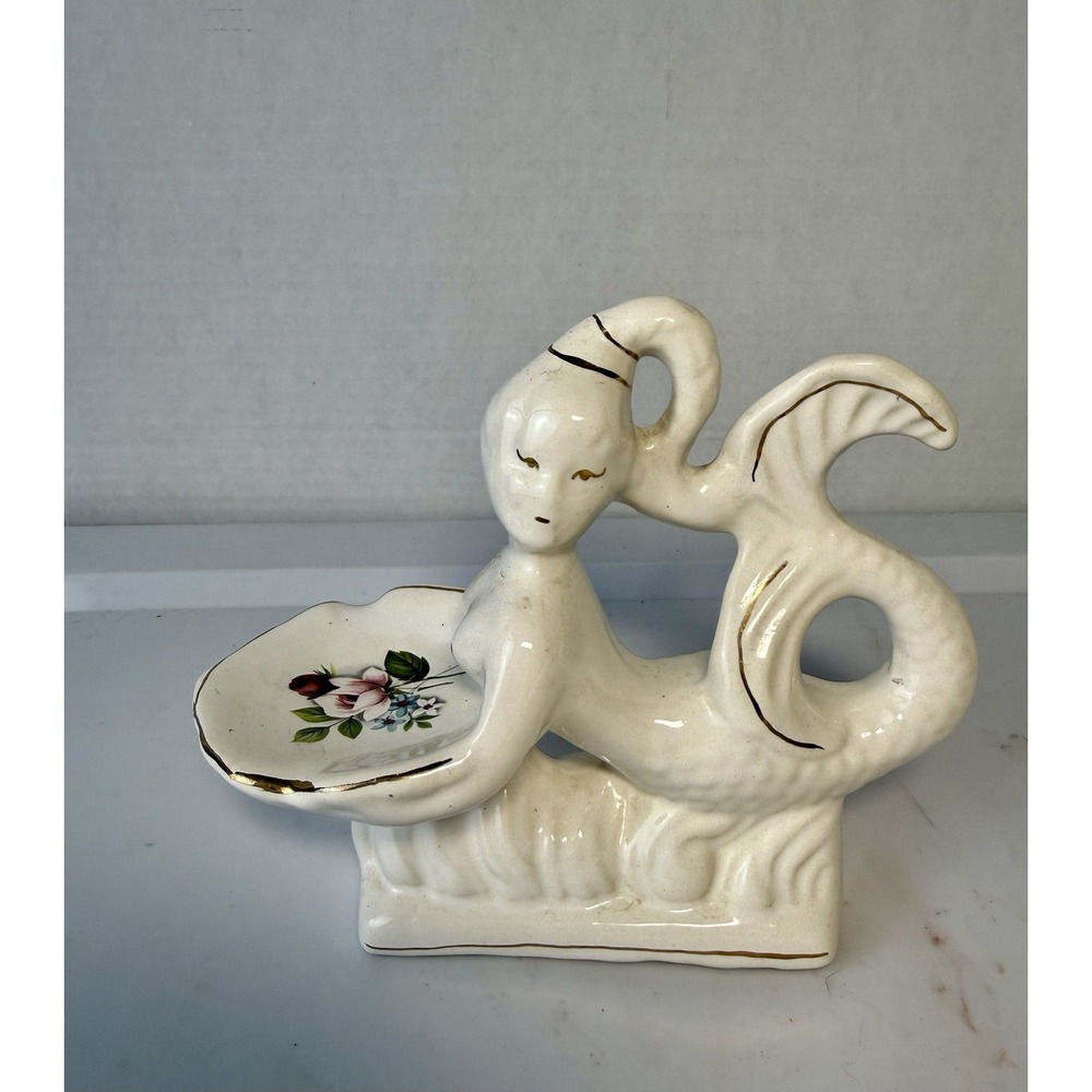 Vtg Mid Century Ceramic MERMAID W/ Shell Soap Trinket Dish Nude Novelty MCM